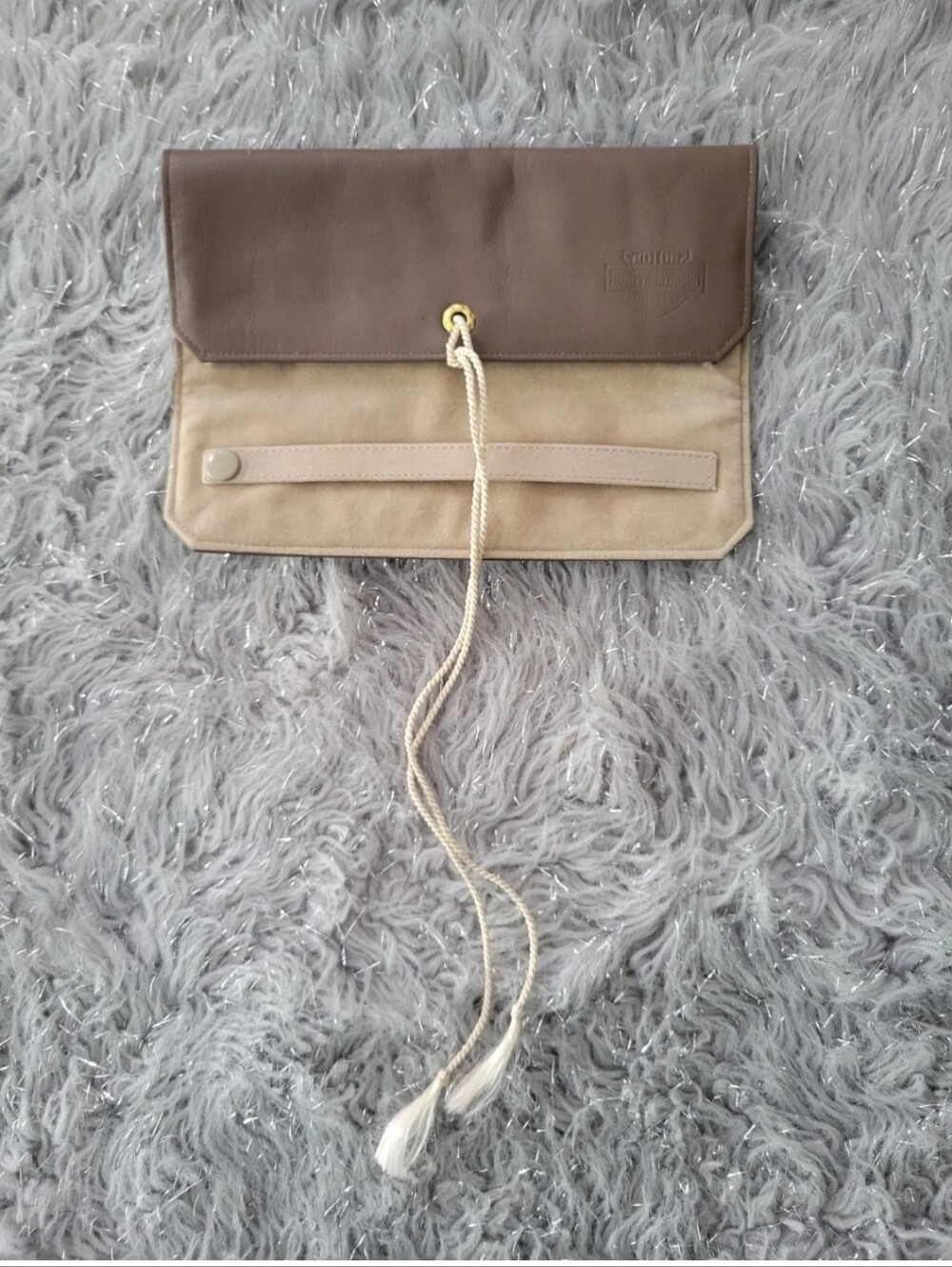 Harley Davidson Fold Over Travel Bag Leather Suede Cowhide Tassle Brown Tan